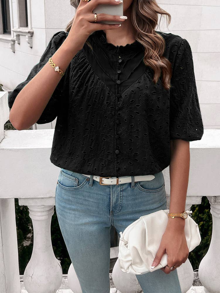 TEMPERAMENT PUFFED SLEEVE EMBROIDERED SHIRT