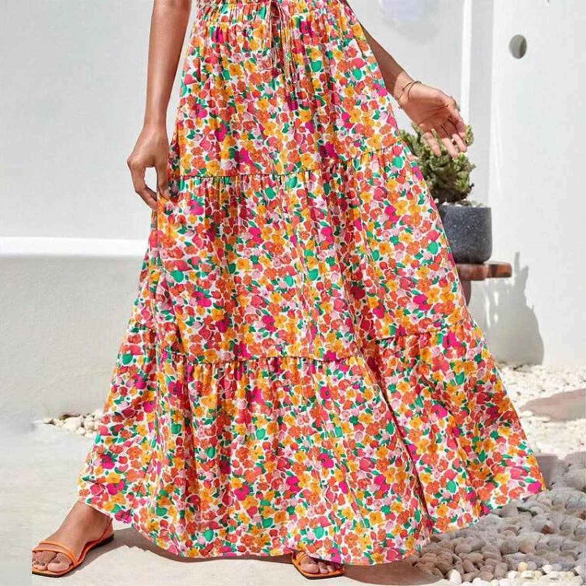 Floral print skirt high waist and long hemline
