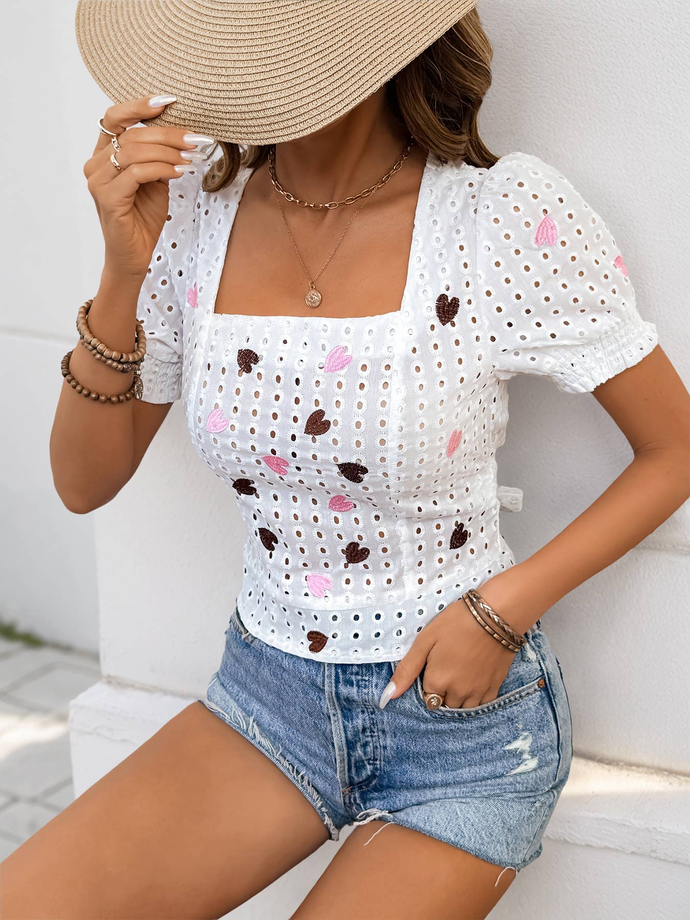 Stylish puffed sleeve heart slim-fit shirt
