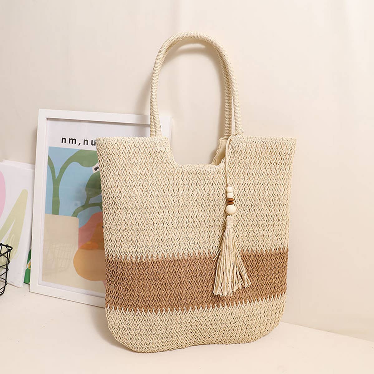 CASUAL WOVEN TWO-COLOR BEACH BAG WOVEN BAG_CWAB1861