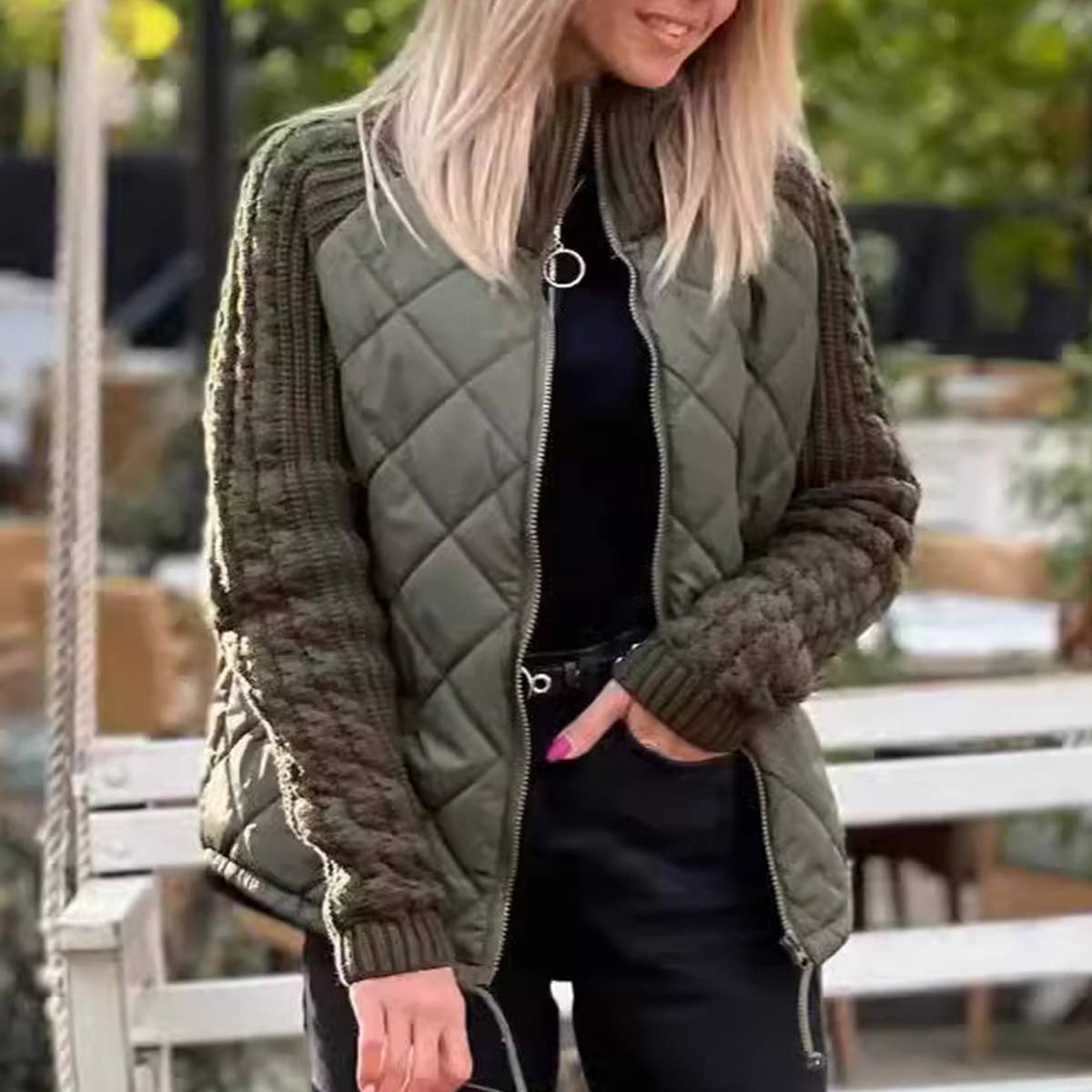 ZIPPER LONG SLEEVE STAND-UP COLLAR QUILTED JACKET