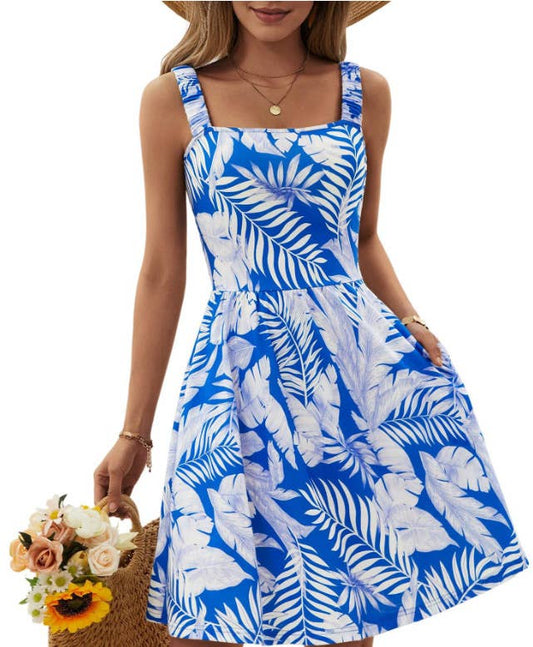 Square-collar pleated halter top printed dress