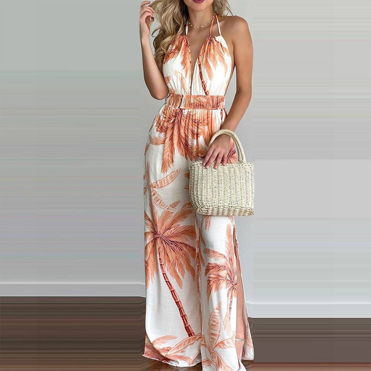Printed colorful loose cinched-waist jumpsuit