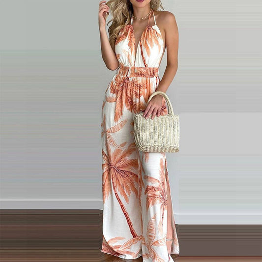 Printed colorful loose cinched-waist jumpsuit