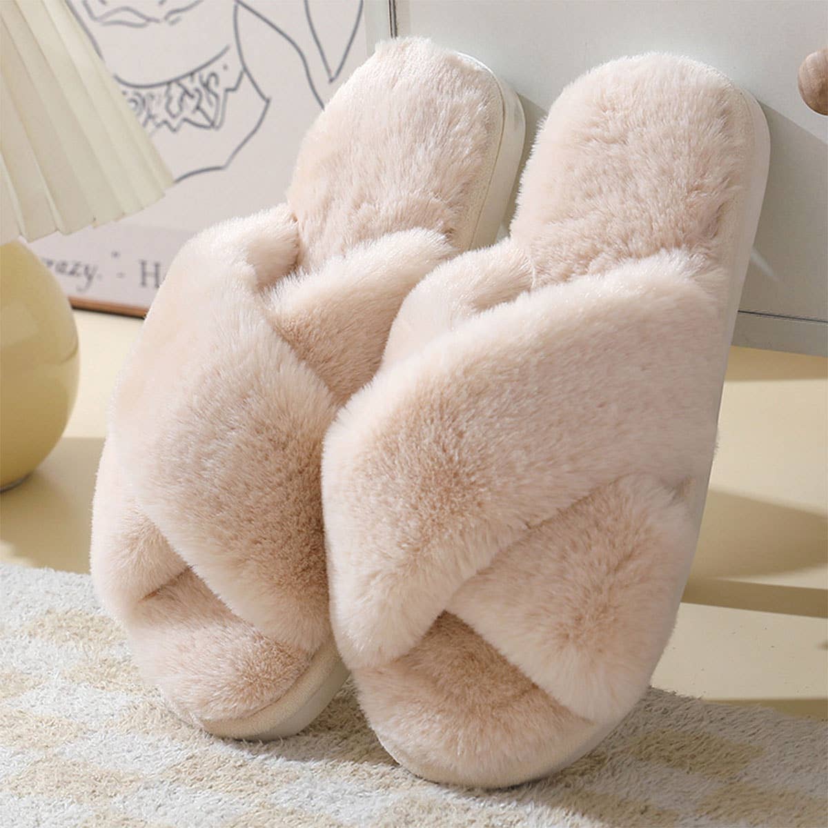 Cross style Faux rabbit fur slippers For Women