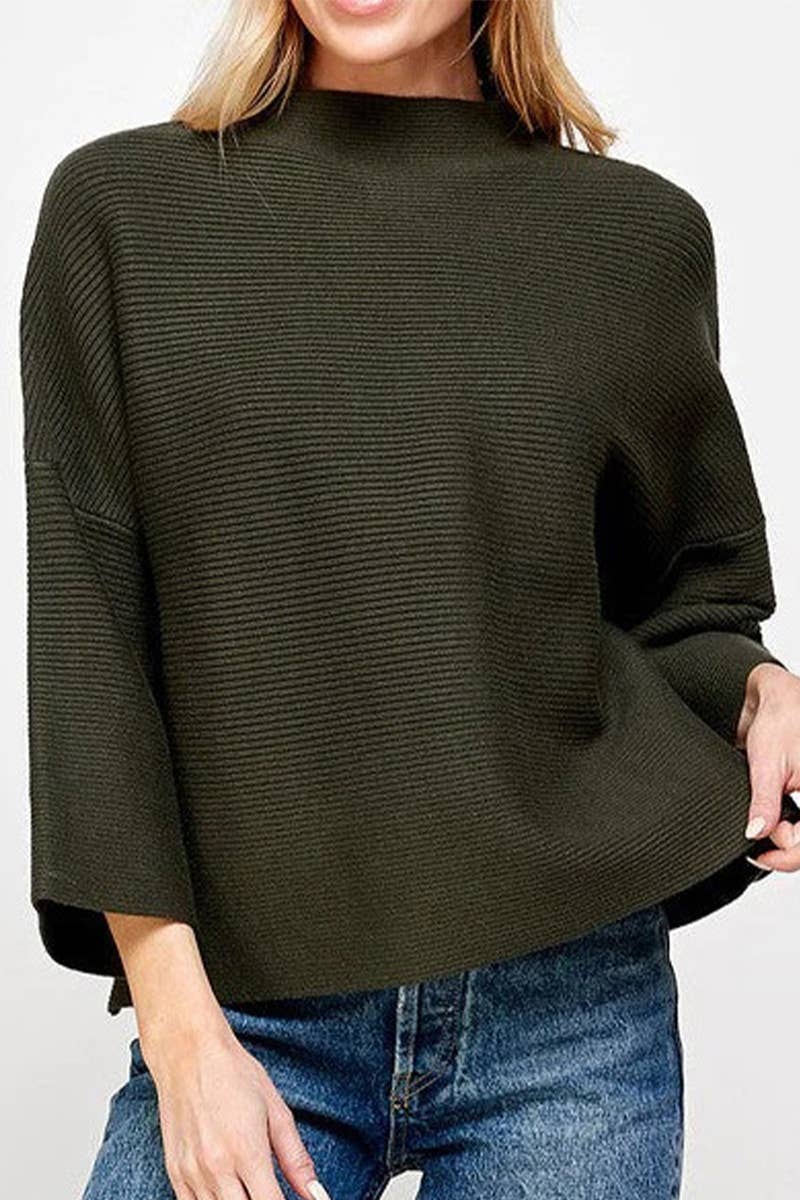 KNIT SOLID COLOR SWEATER WITH NINE-POINT SLEEVES