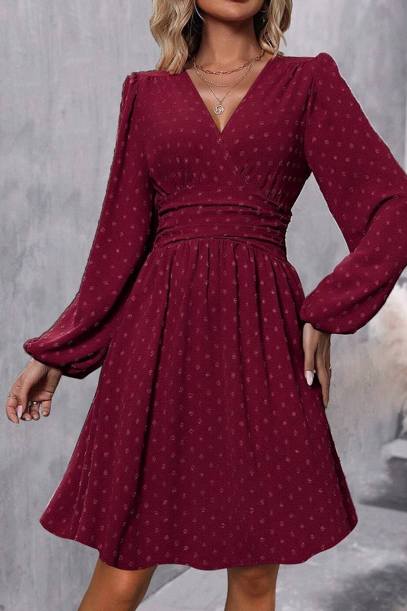 CWDSD6427_JACQUARD V-NECK LANTERN SLEEVE DRESS