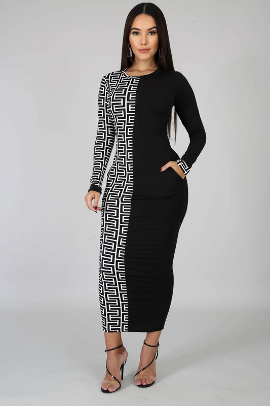 PATCHWORK PRINT FASHION SLIM-FIT LONG DRESS