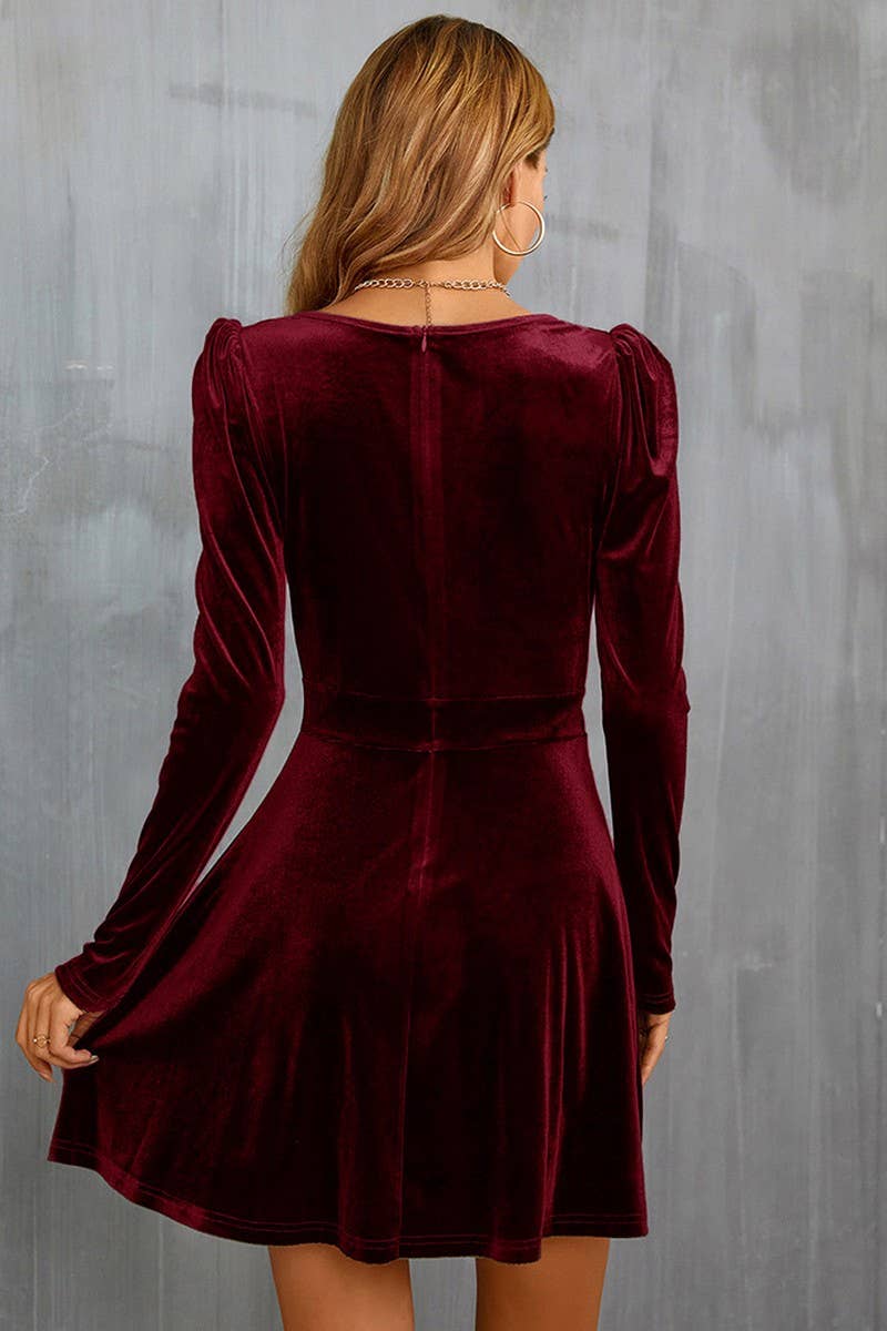 CWDSD6466_V-NECK LEG-OF-MUTTON SLEEVE A-LINE VELVET DRESS