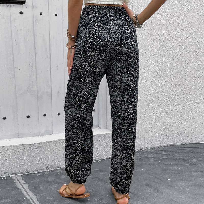 Loose pants with ethnic style printed bouquets