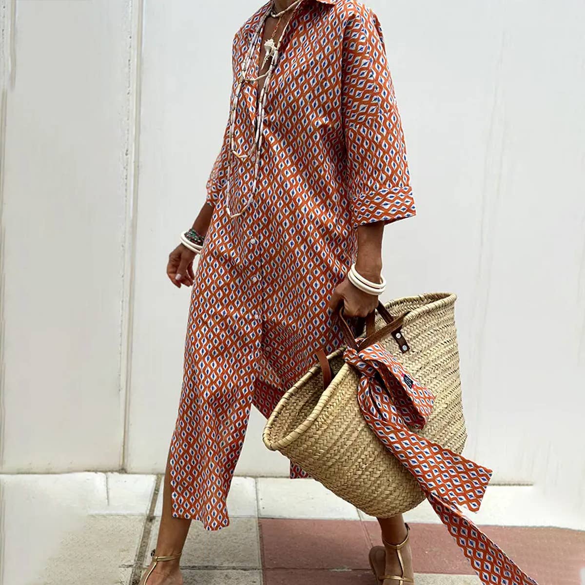 FIVE-QUARTER SLEEVE STRIPED SHIRT DRESS