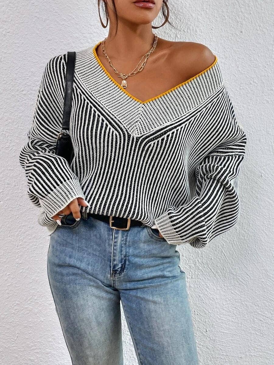 V-neck loose striped batsleeved sweater