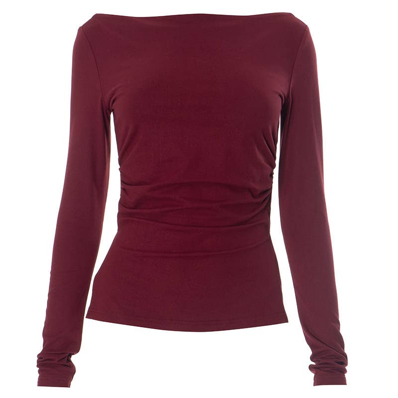 LINE NECK PLEATED SLIT SOLID COLOR T-SHIRT