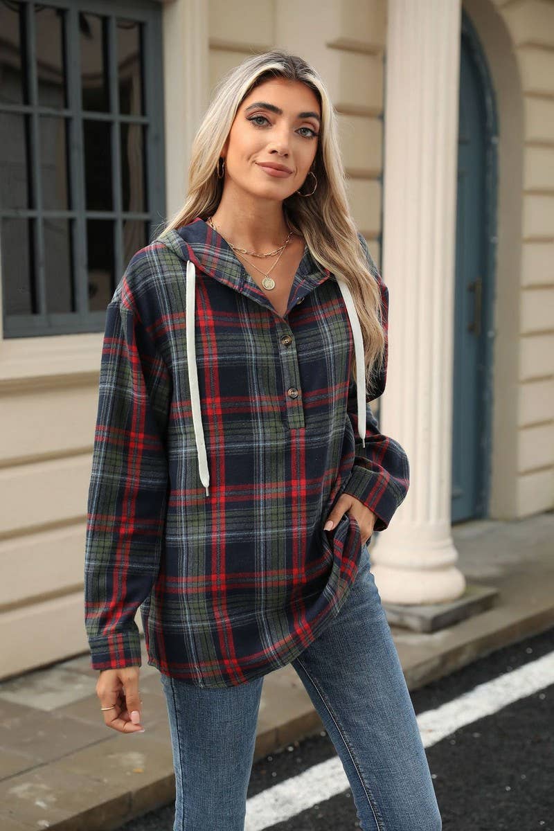 CWOHOL00663_PLAID DRAWSTRING HOODED LOOSE SWEATSHIRT