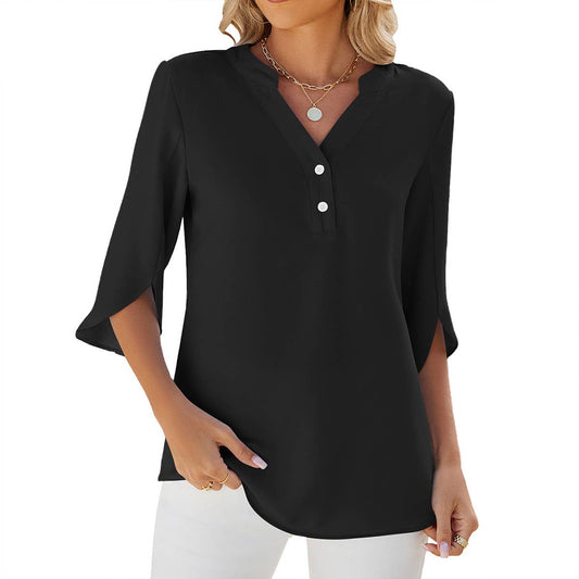 V NECK BUTTON SOLID COLOR CASUAL CHIFFON SHIRT_CWTSTS0185