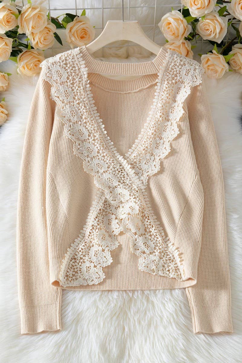 CWOSWL07420_SEXY LACE BACK KNIT LONG SLEEVE SWEATER