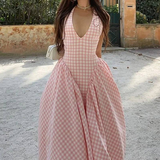 Elegant waist-cutout halter V-neck french dress