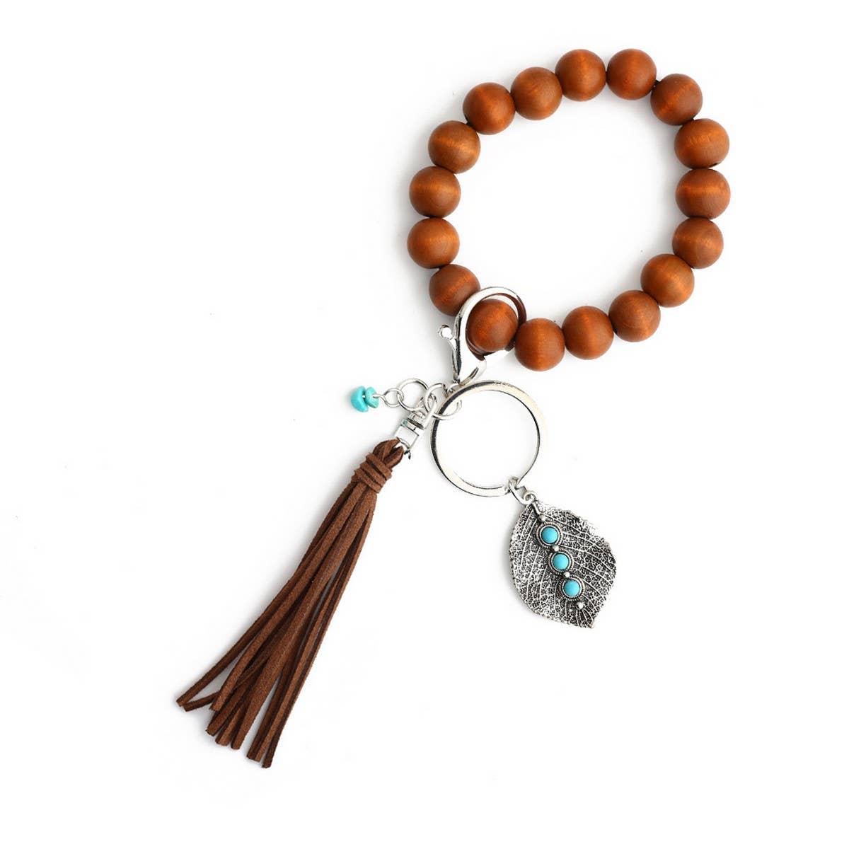 Boho Tassel Keychain with Leaf Charm and Wood Beads_CWAB5087