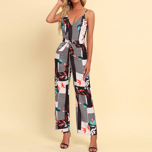 Printed backless V-neck spaghetti-strap jumpsuit