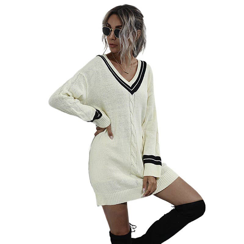 STYLE PULLOVER V-NECK MID-LENGTH SWEATER DRESS