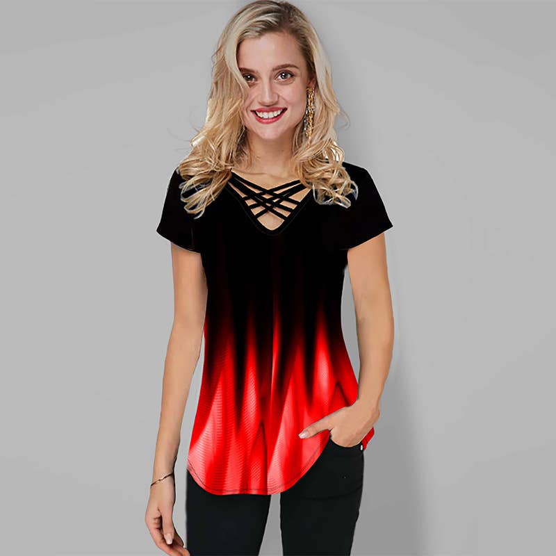 Temperament short sleeve V-neck loose T-shirt