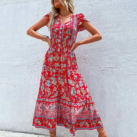 V-neck waist flower sleeve slit dress