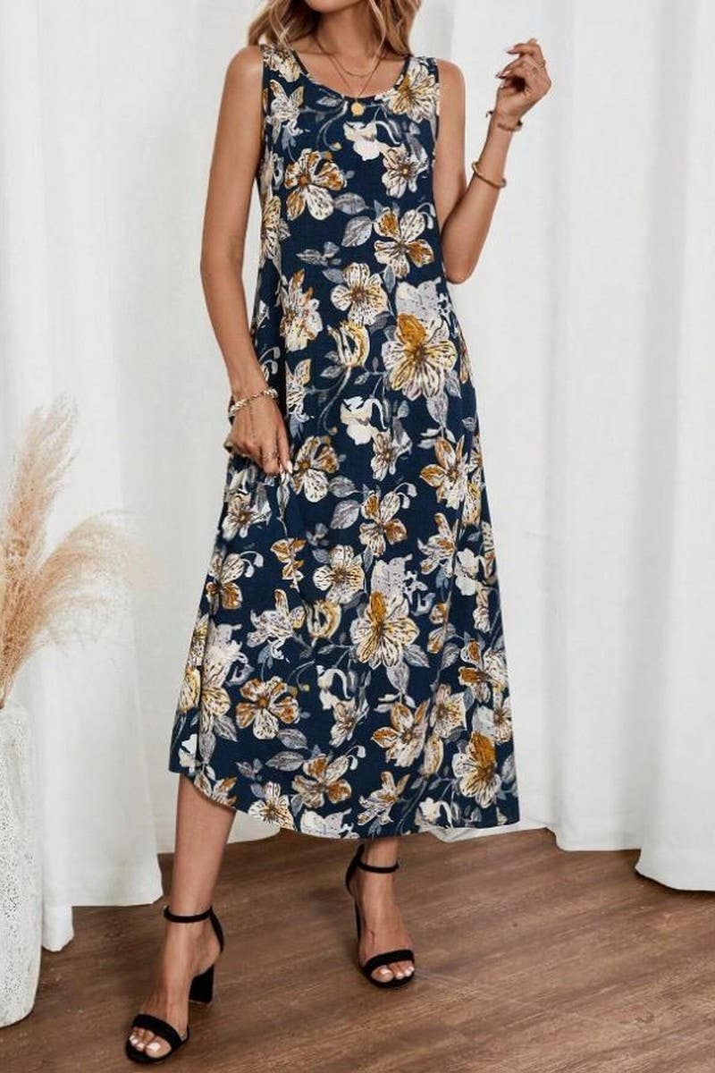 CWDMD5872_SLEEVELESS FLORAL PRINT ROUND NECK A-LINE DRESS