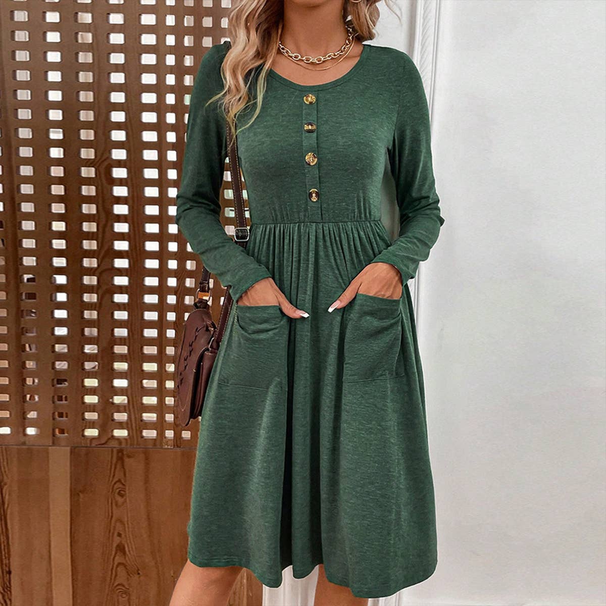 ROUND NECK A-LINE SKIRT BUTTON POCKET KNIT DRESS