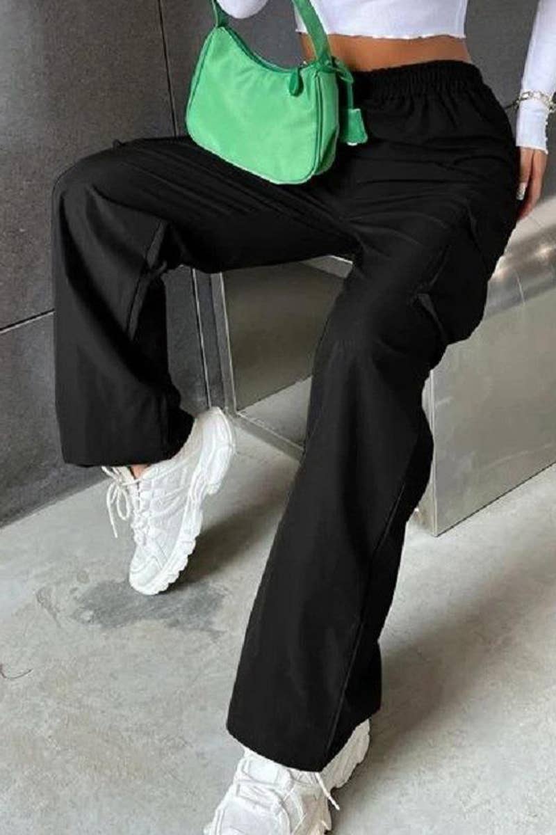 SOLID COLOR HIGH-WAISTED POCKET CARGO PANTS