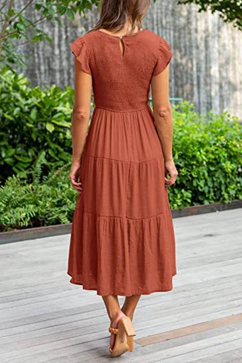 CWDMD2568_FLYING SLEEVE SHIRRED LAYERED SHORT SLEEVE DRESS