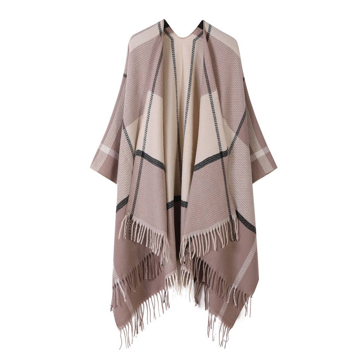 FRINGED SHAWL PLAID SCARF FAUX CASHMERE SLIT CAPE