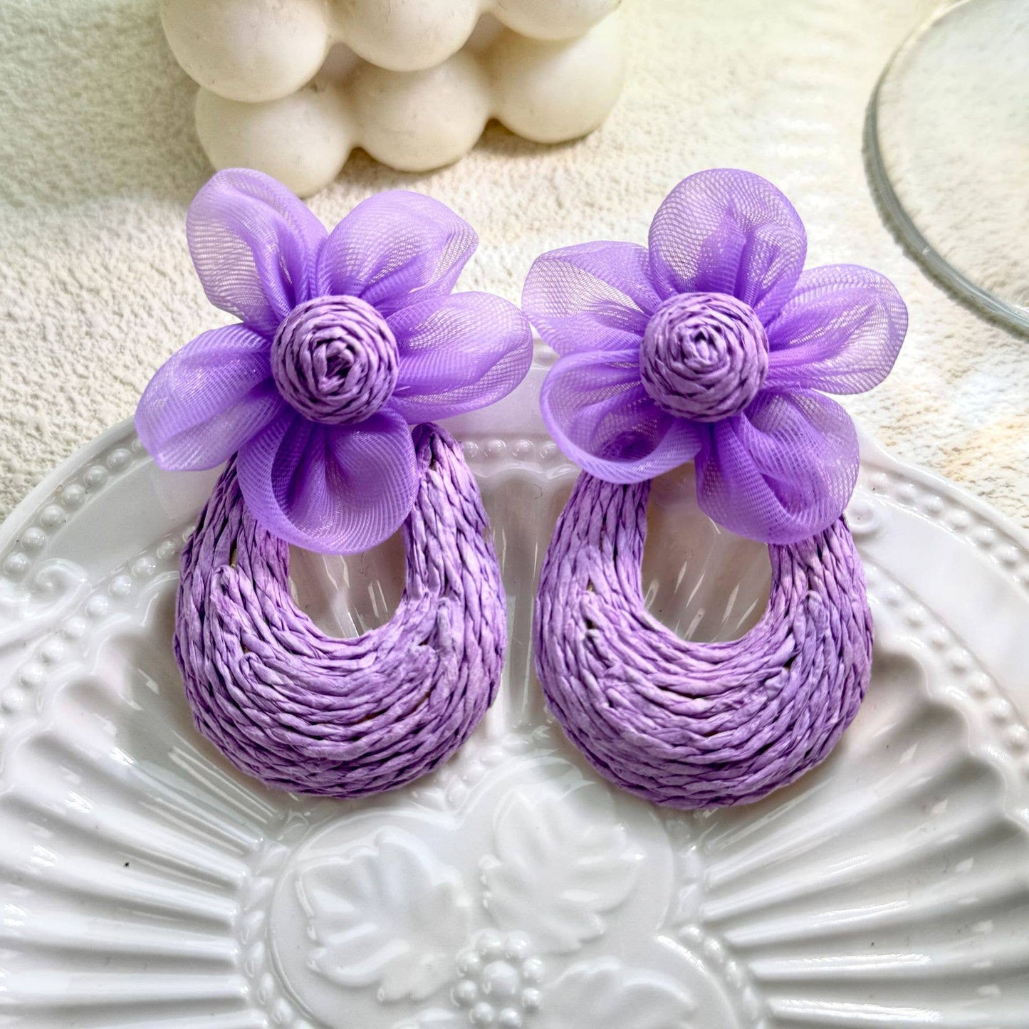 Floral Raffia Mesh Drop Earrings