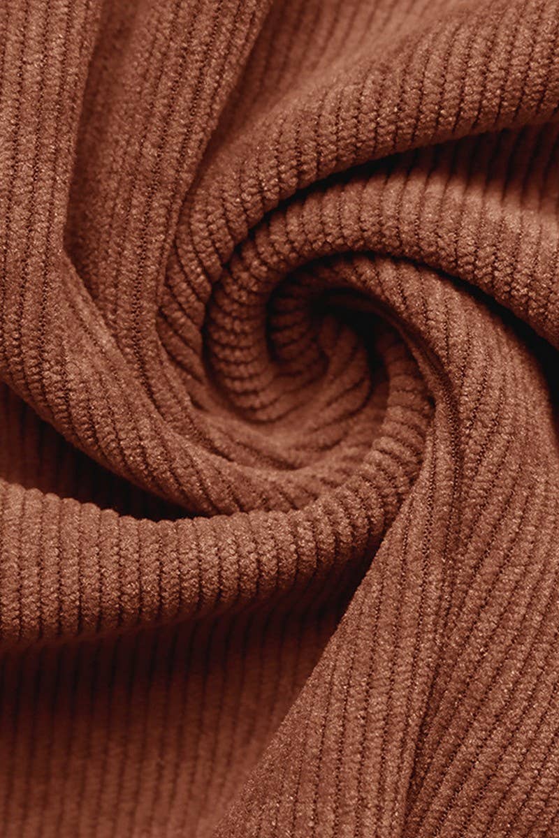 CWDMD01047_BROWN CORDUROY V-NECK LACE-UP COMMUTER DRESS