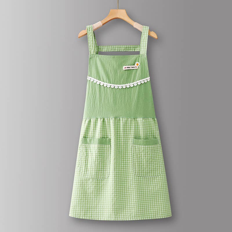 Cotton Striped Grid Kitchen Apron with Pocket