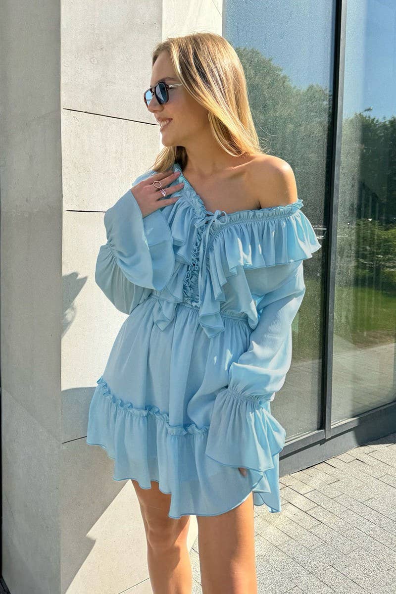 CWDSD7805_V-NECK BELL SLEEVE SHORT CHIFFON DRESS