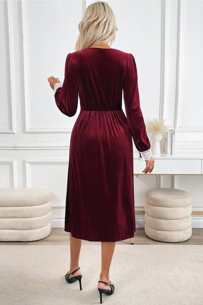 CWDMD4805_V-NECK LACE PANEL CONTRAST COLOR DRESS