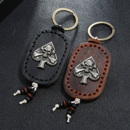 DOUBLE-SIDED SKULL VINTAGE LEATHER KEYCHAIN