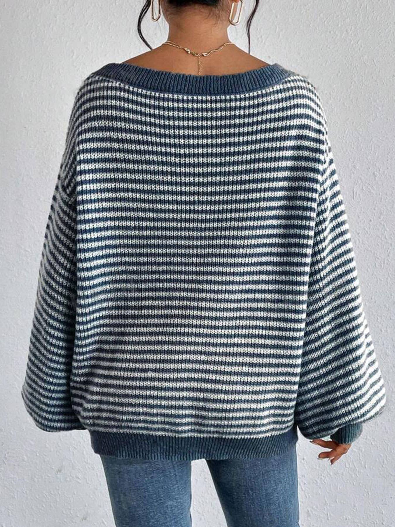 Striped off-the-shoulder sleeve knitted sweater