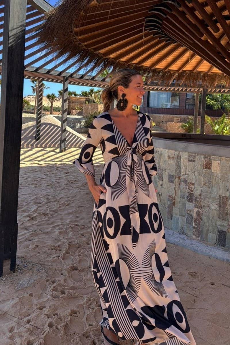 CWDMD945_V-NECK PRINTED LACE-UP LOOSE MID-SLEEVE DRESS