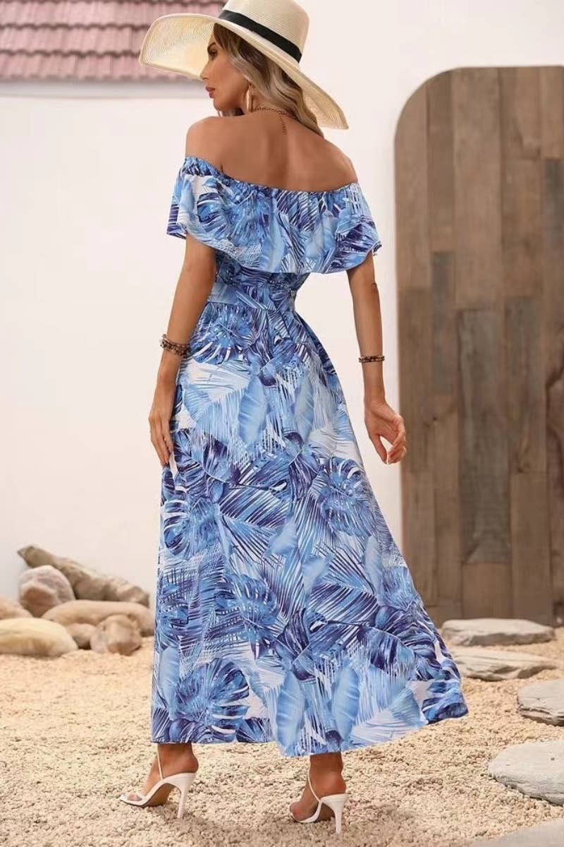 CWDMD1910_ONE-LINE SHOULDER PRINT SLIT WAIST LONG DRESS