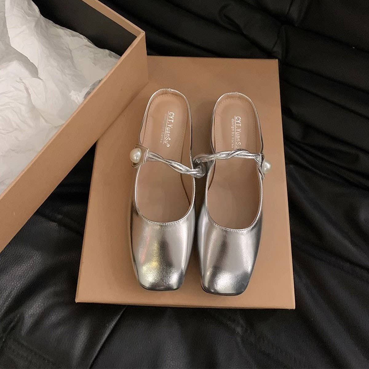 Silver Open-Toe Slip-On Flat Sandals for Women