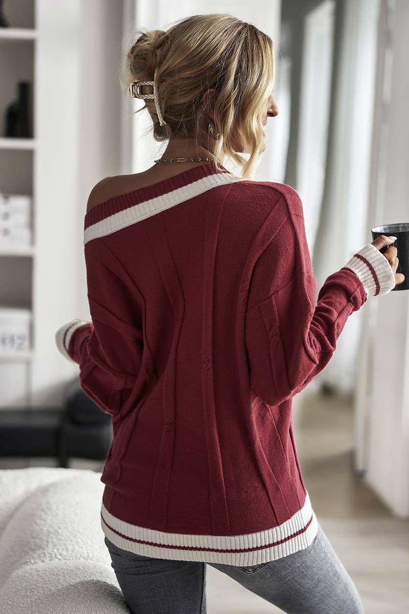 CWOSWL07520_MINIMAL V-NECK COLORBLOCK KNIT SWEATER