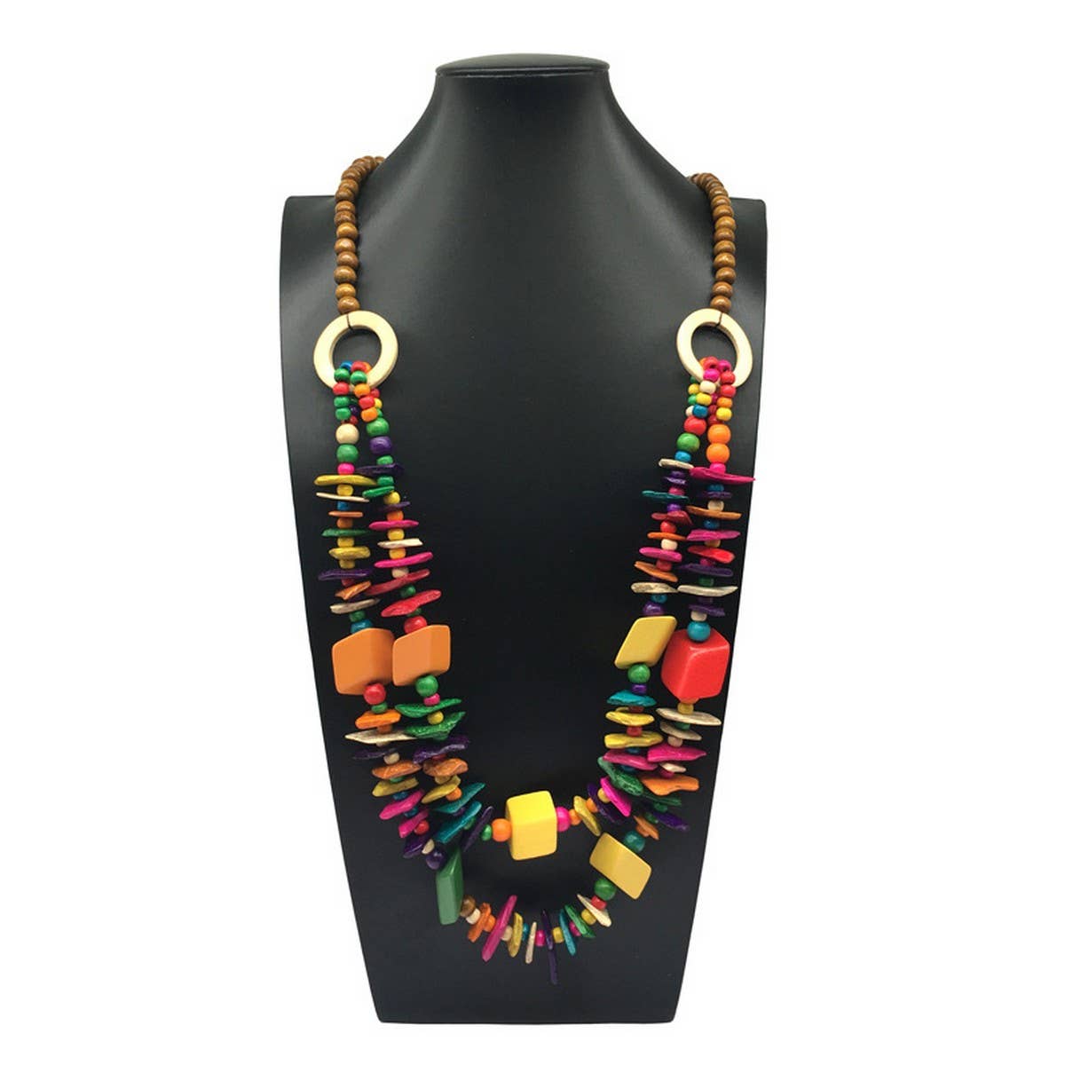 VINTAGE GEOMETRIC WOOD COCONUT SHELL NECKLACE