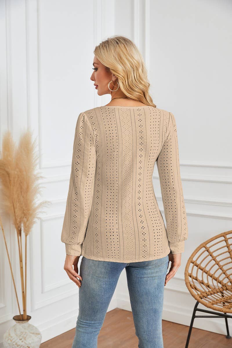 ROUND NECK T-SHIRT WITH HOLES AND PUFFY SLEEVES