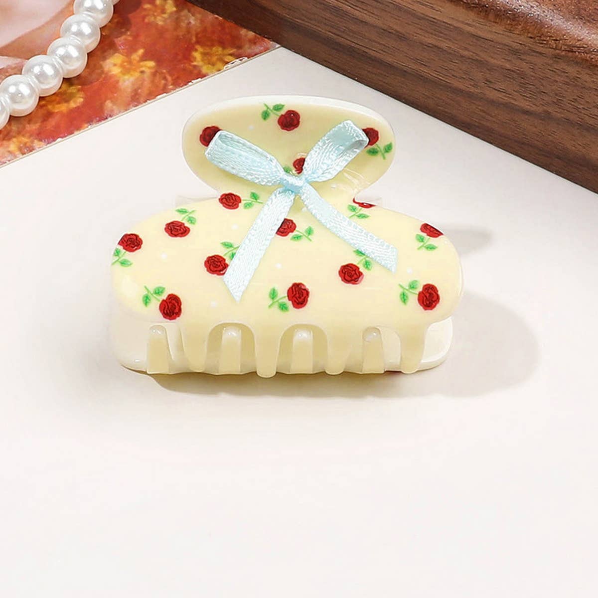 Floral Butterfly Hair Claw - Cream Print Clip