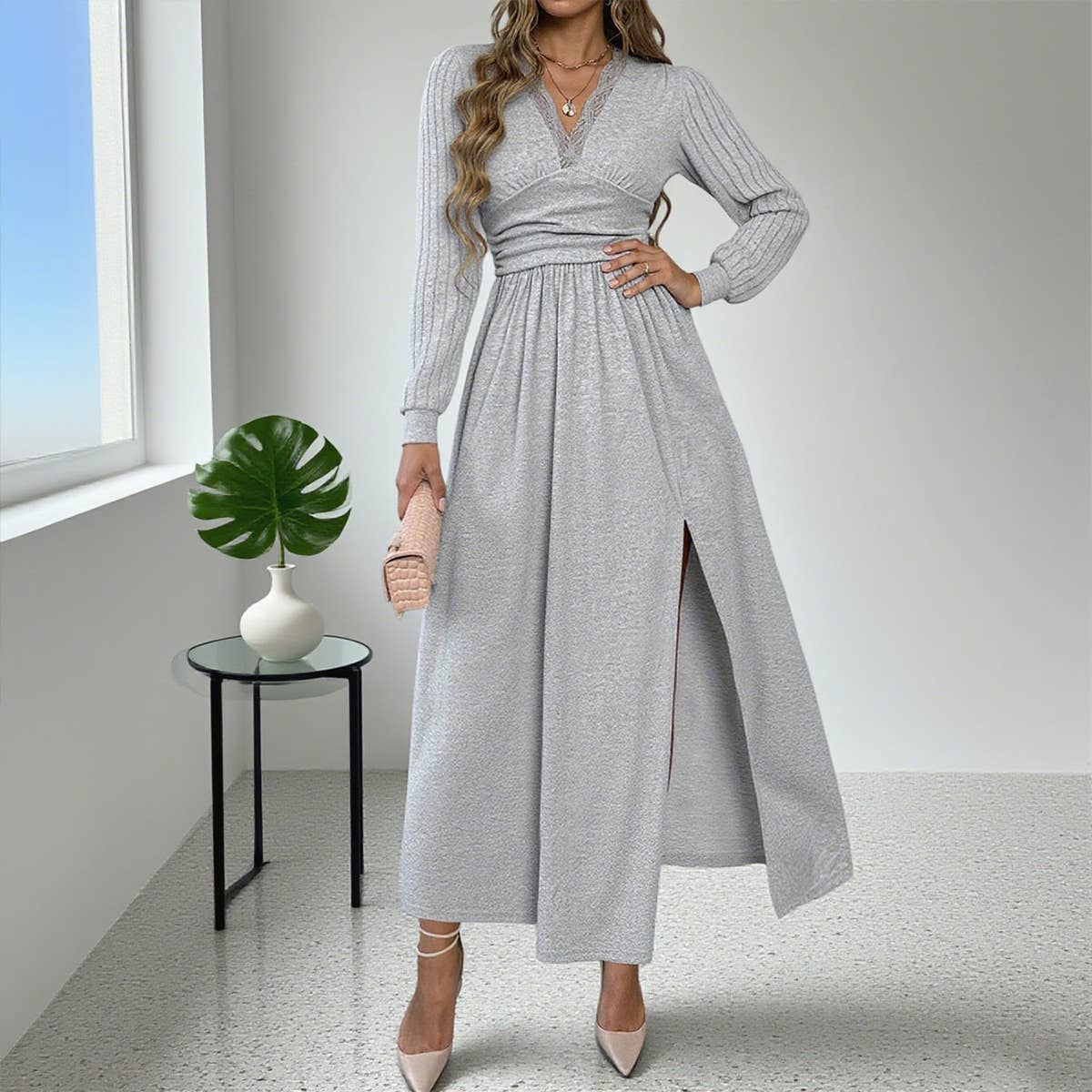 Solid-color brushed V-neck long-sleeved dress