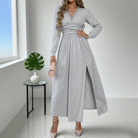 Solid-color brushed V-neck long-sleeved dress