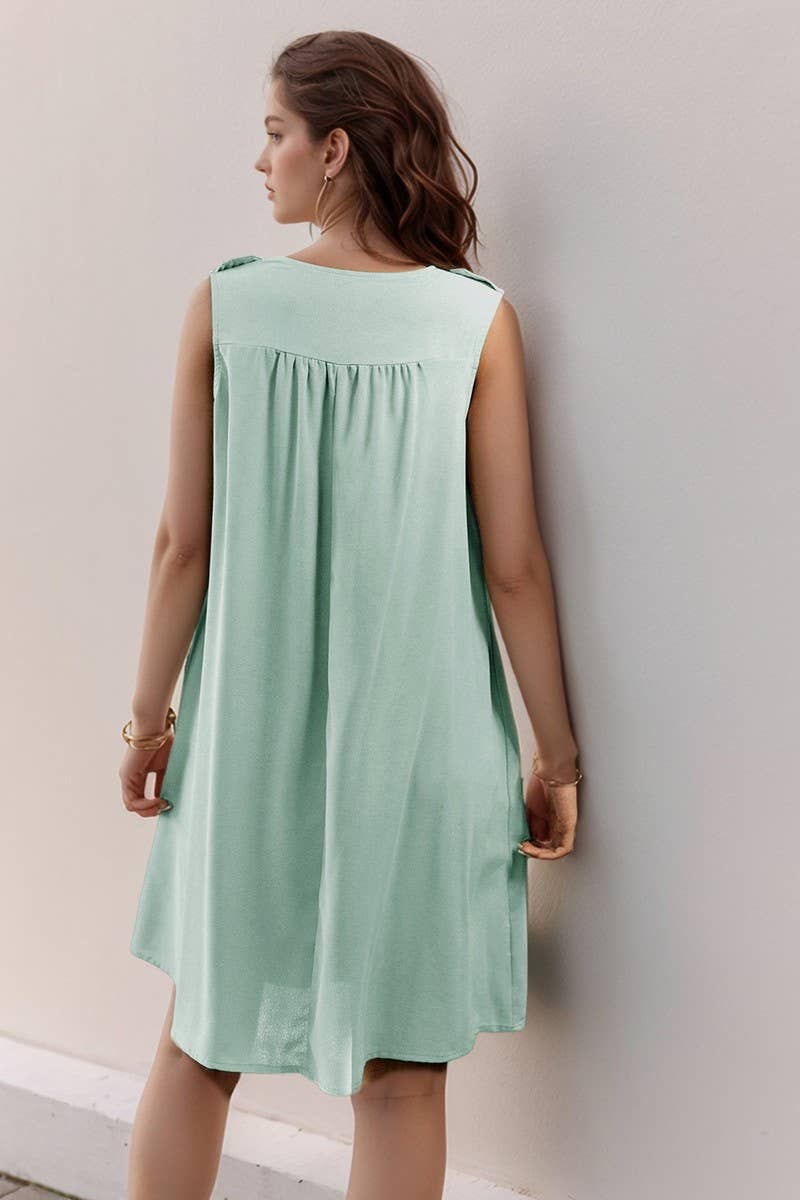 CWDSD6697_SOLID COLOR ROUND NECK PLEATED SLEEVELESS DRESS