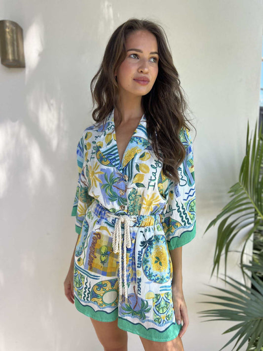 Holiday chic print casual lace-up romper