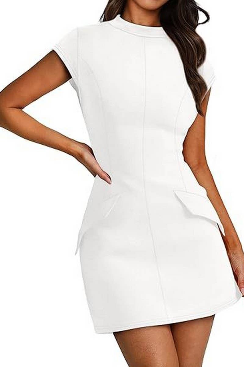 CWDSD8810_ROUND NECK BODYCON PARTY CLUB SHORT SLEEVE DRESS